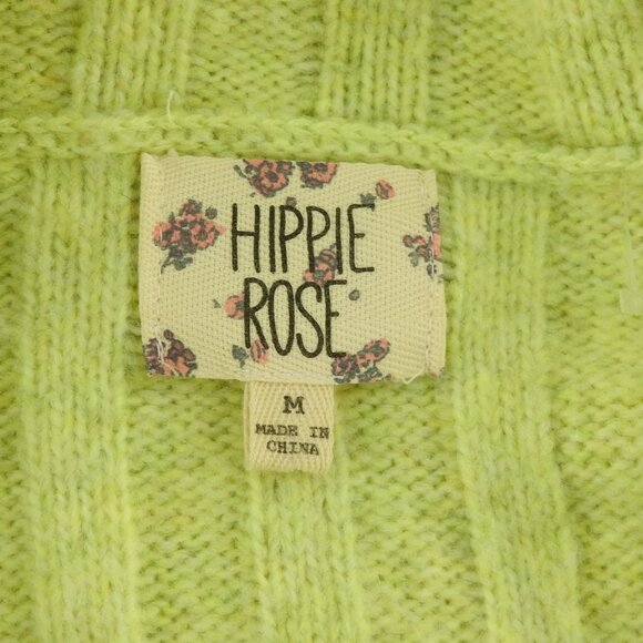 Hippie Rose Cropped Sweater Junior's Sz Large Yellow Lime Fuzzy Long Sleeve - Picture 4 of 5
